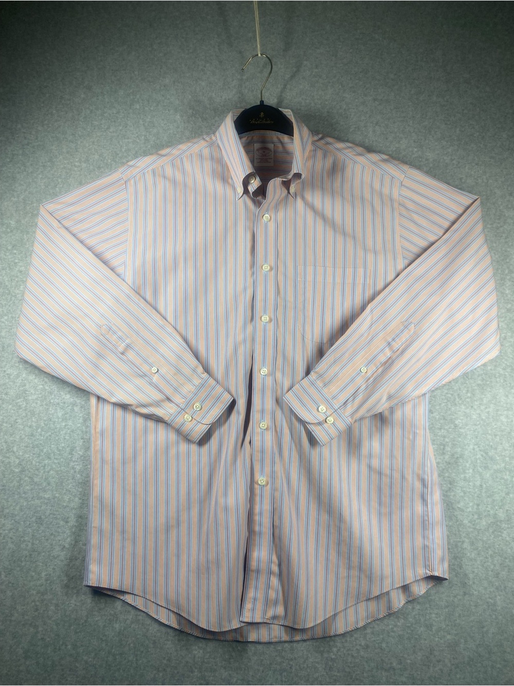 Brooks Brothers Polo Shirt Men’s Sz M Blue & Orange Striped Long Slv non iron